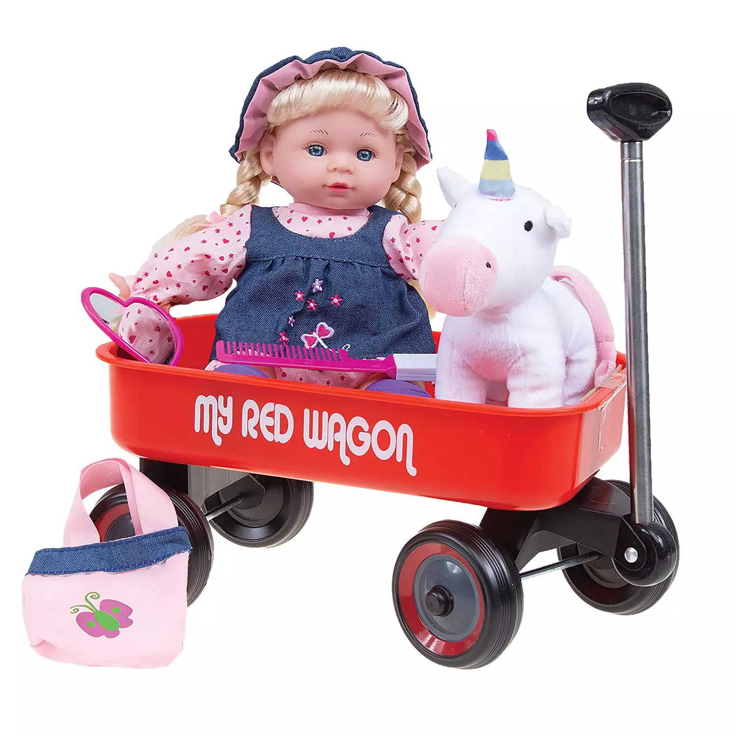 Two of us in the wagon, doll and unicorn with red wagon and accessories set