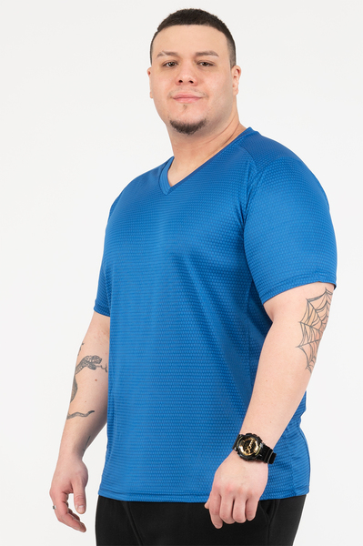 V-neck, waffle-knit mesh activewear t-shirt - Royal blue - Plus Size