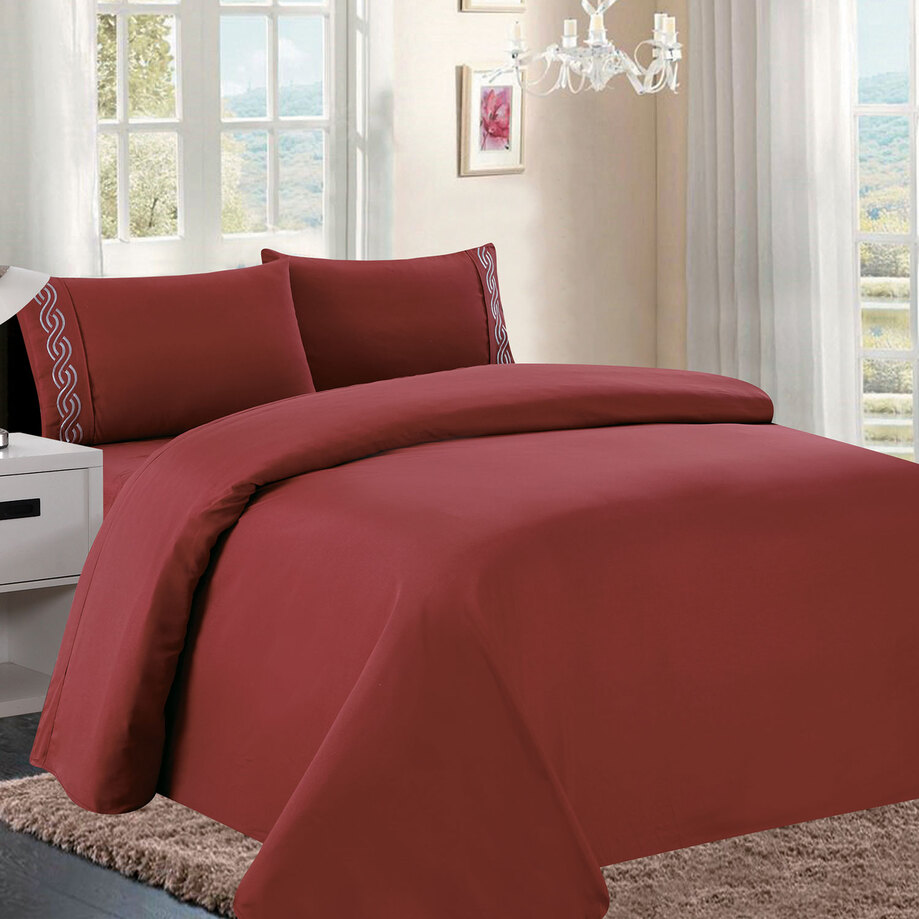 VAGUE Collection - Solid sheet set with contrasting embroidered wave trim - Double, red