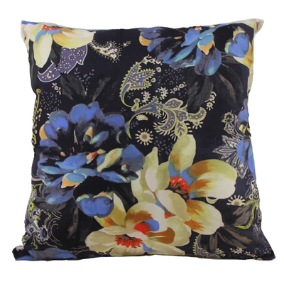 Velvet-feel decorative cushion, 17.5"x17.5" - Flowers on black