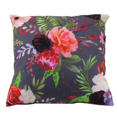 Velvet-feel decorative cushion, 17.5"x17.5" - Flowers on grey