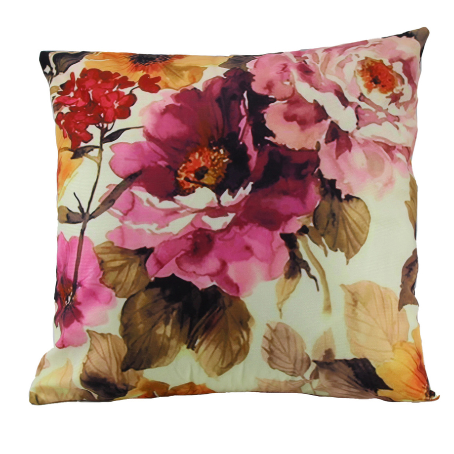 Velvet-feel decorative cushion, 17.5"x17.5" - Flowers on pale yellow
