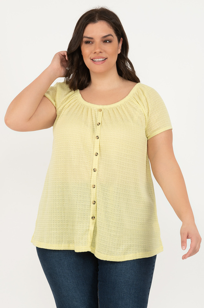 Waffle knit, short sleeve tunic with decorative buttons - Mint - Plus Size