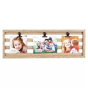 Wall photo collage frame, wooden palette design, 3 photos and clips