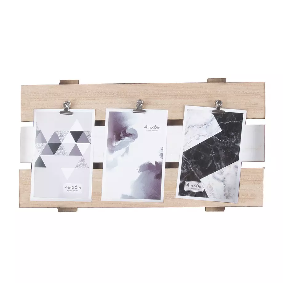 Wall photo collage frame, wooden palette design, 3 photos and clips