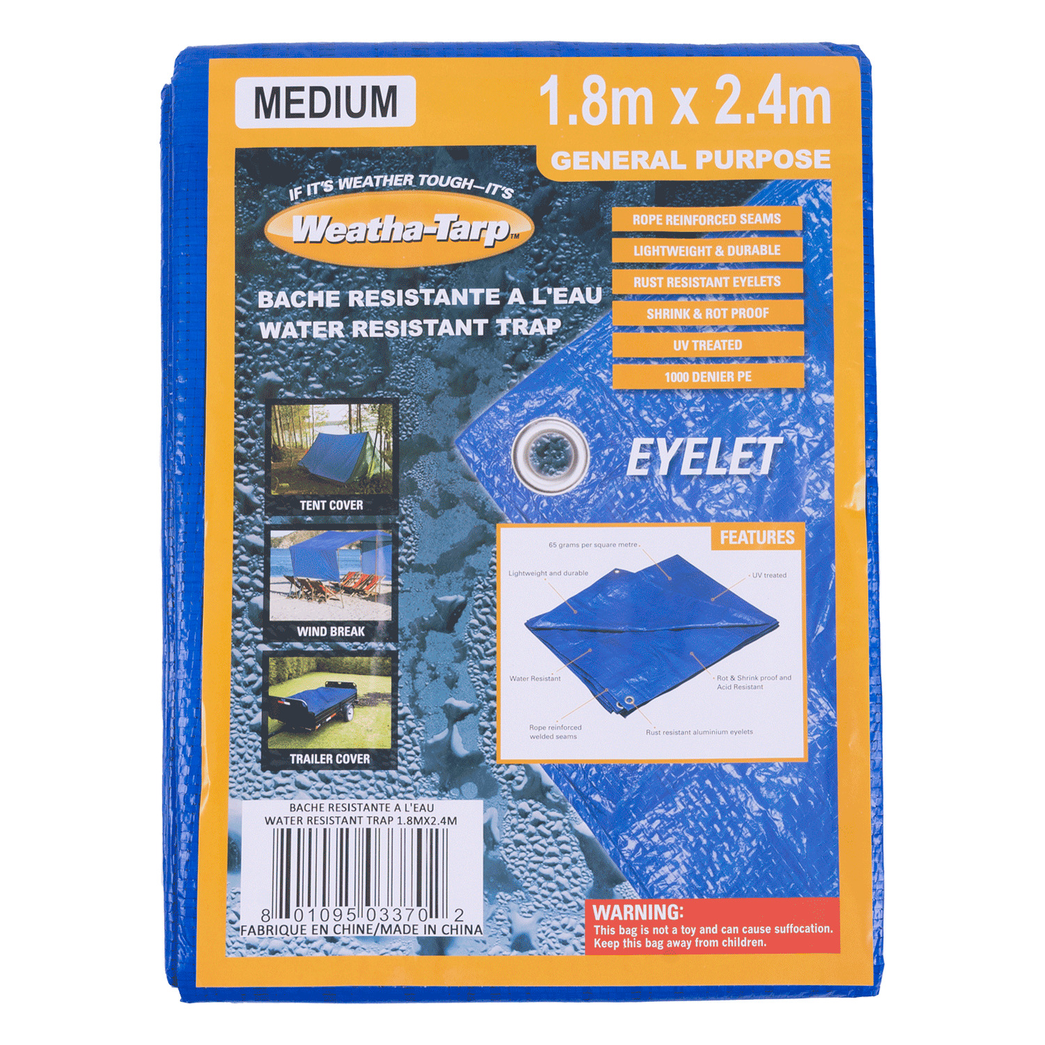 Water-resistant tarp with eyelet - 1.8m x 2.4m