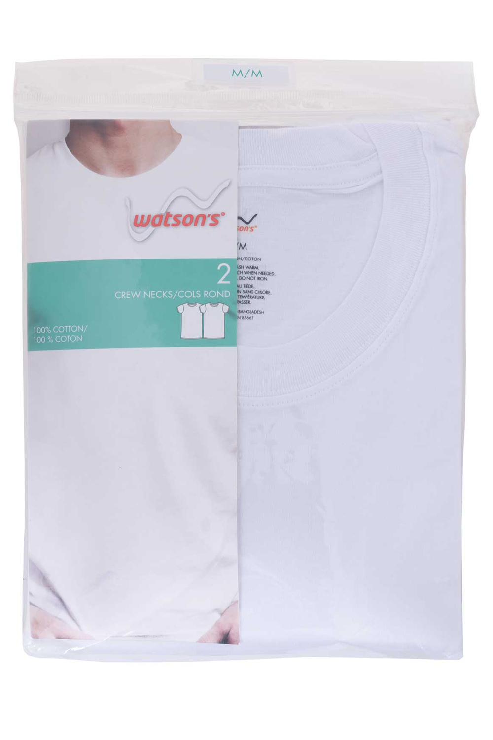 Watson's - Men's 2 pack 100% cotton crew neck t-shirts, white, medium (M)