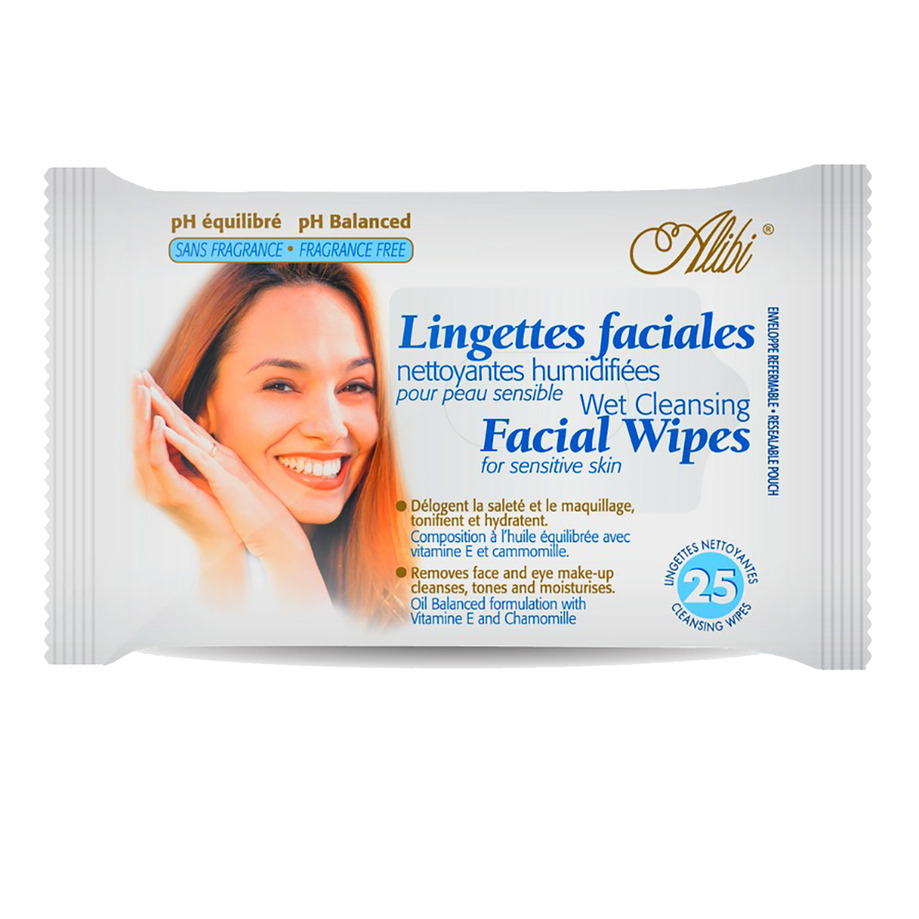 Wet cleansing facial wipes for sensitive skin, pk. of 25