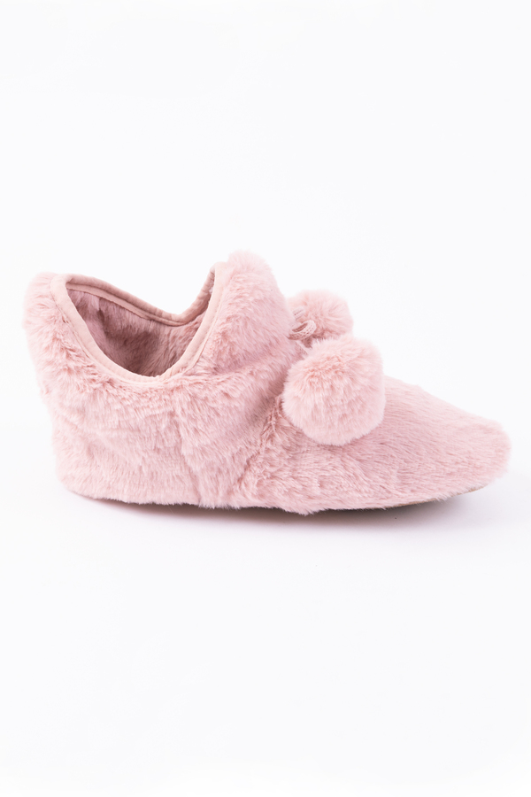 Women's ankle bootie plush slippers with pom poms