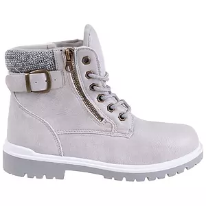 Women's knit collar lace up booties with buckle and zipper details, bone