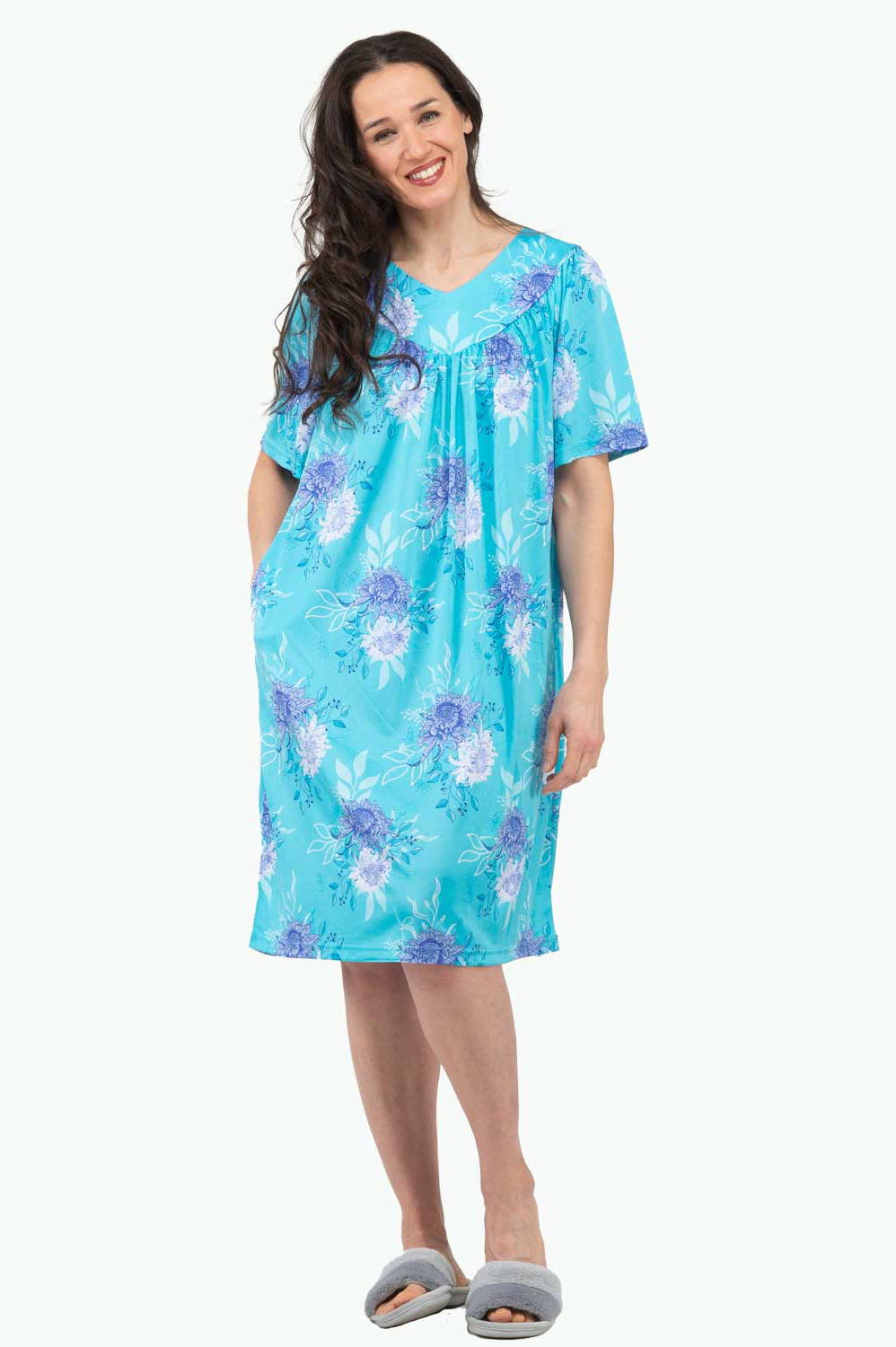 Women's midi caftan nightdress, aqua floral, medium (M)