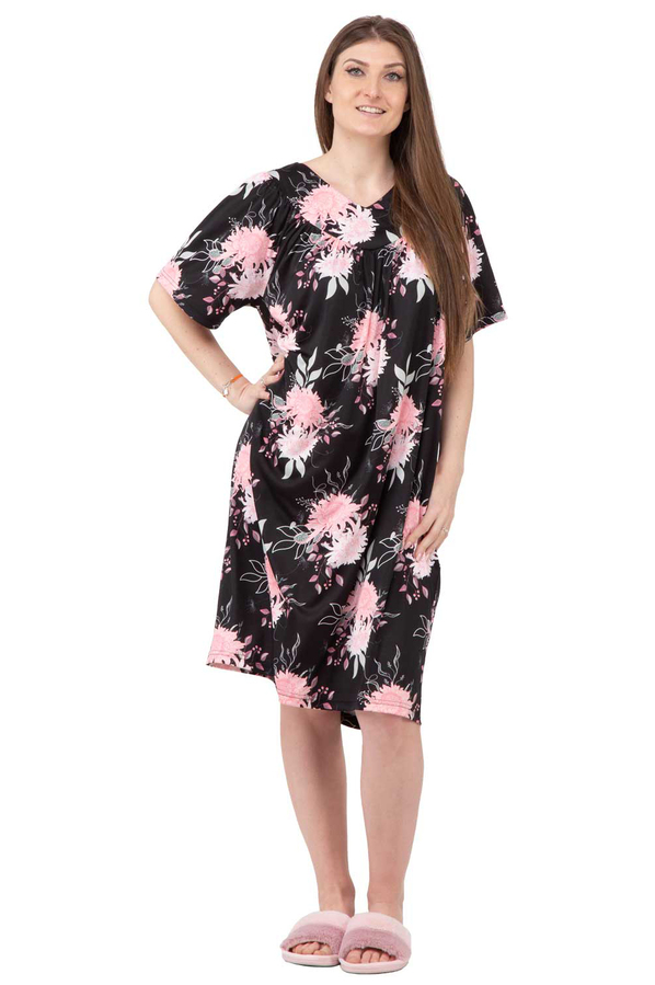 Women's midi caftan nightdress, black floral, extra large (XL)