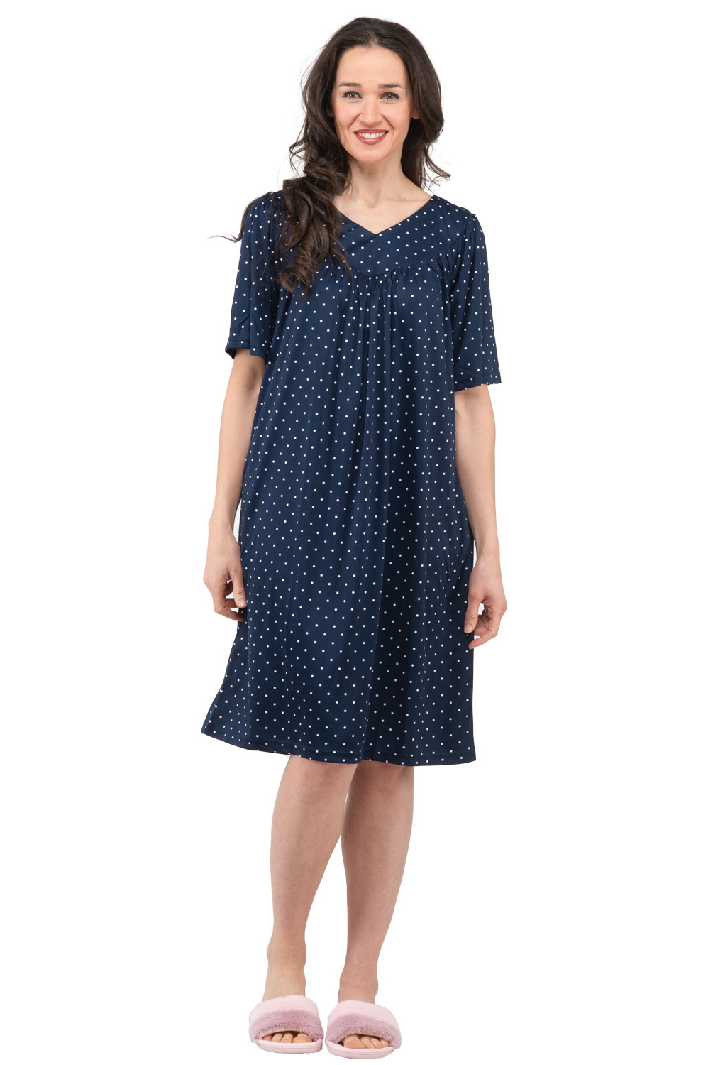 Women's midi caftan nightdress, navy polka dots, medium (M)