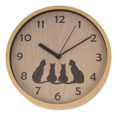 Wood plank wall clock with cat silhouette