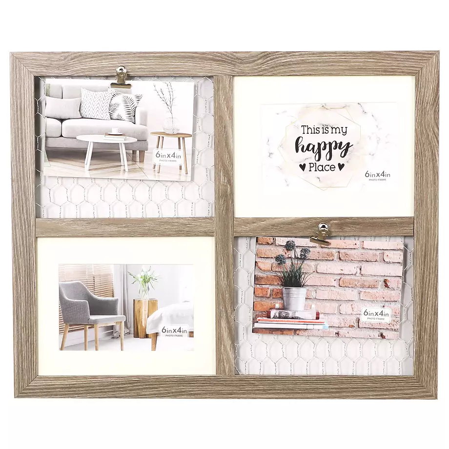 Wooden photo collage frame, 4 photos and clips