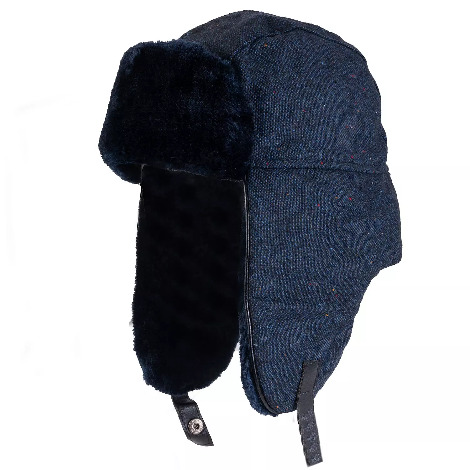 Wool tweed aviator hat with faux fur lining & trims, navy