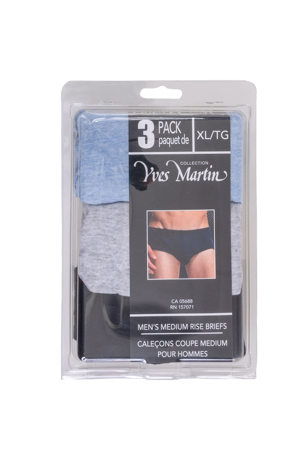 Yves Martin - Men's solid medium rise briefs, pk. of 3, extra large (XL).  Colour: multi-color. Size: xl