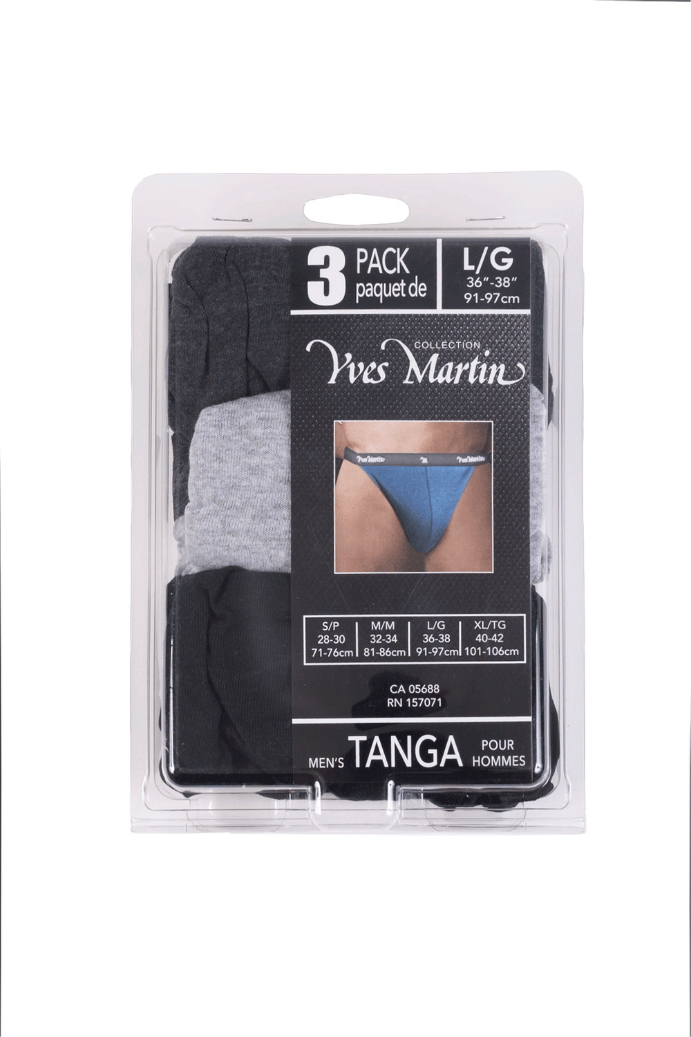 Yves Martin - Men's solid tanga briefs, pk. of 3, large