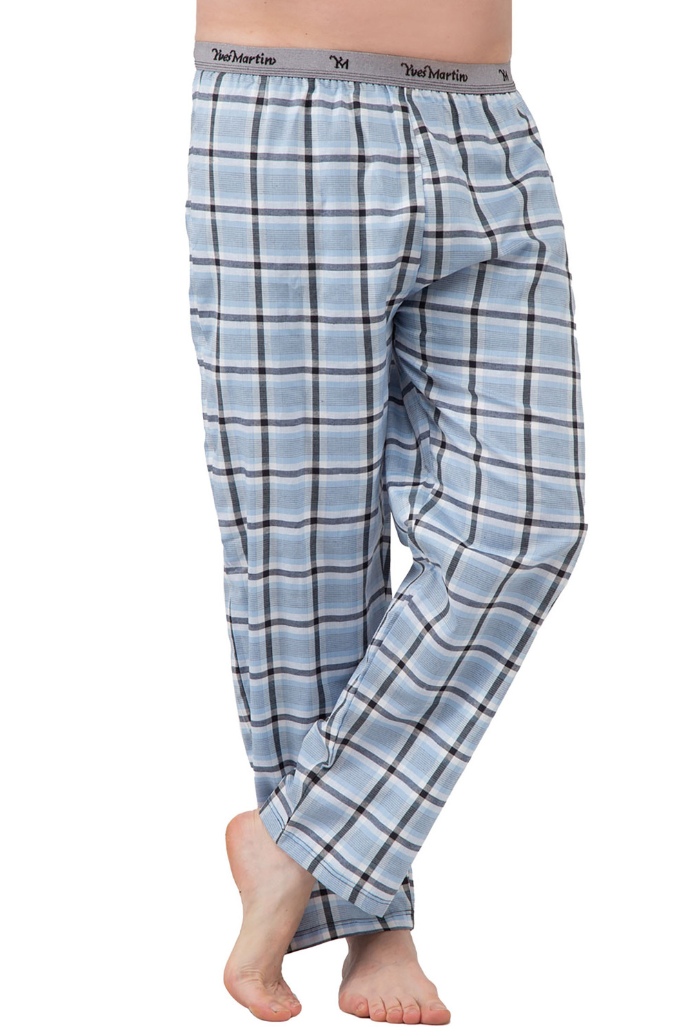 Yves Martin - Pantalon de sommeil en flanelle pour hommes, carreaux bleu, très grand (TG)